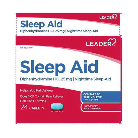 Leader Sleep Aid Diphenhydramine HCl 25mg Caplets, 24 Ea